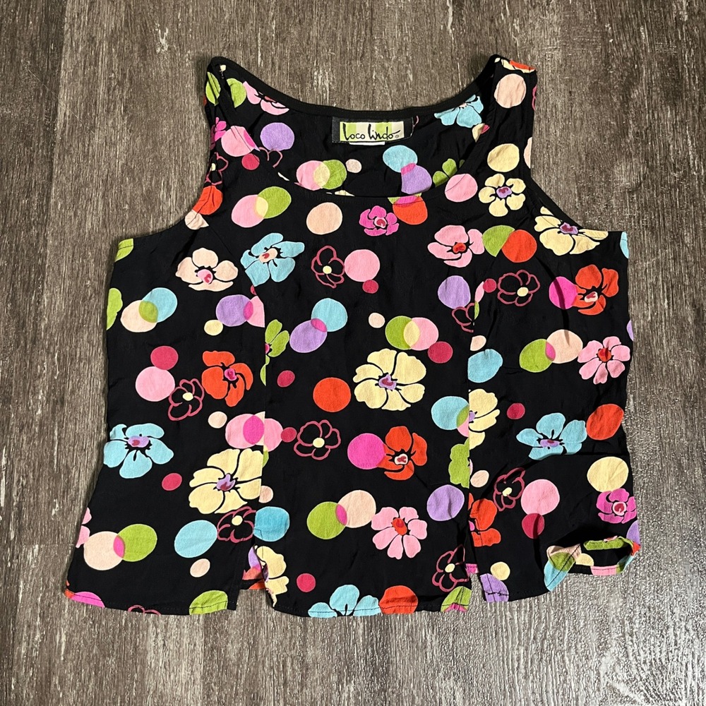 Loco Lindo Vintage Floral Polka Dot Sleeveless Tank Top Small‎ Black Colorful